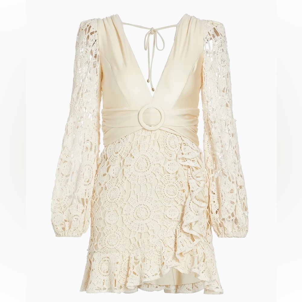 PatBO Satin & Crochet Plunge Neck Minidress